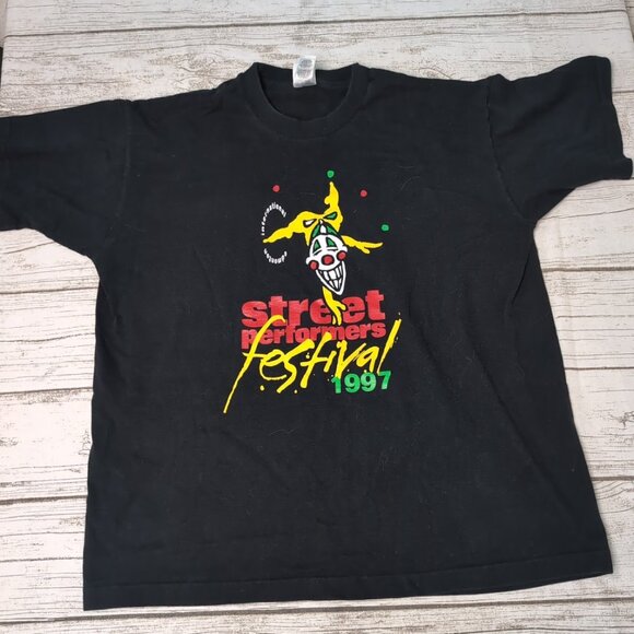 Vintage 1997 Street Performers Festival Black Graphic T Shirt Men Size XL - Picture 1 of 7